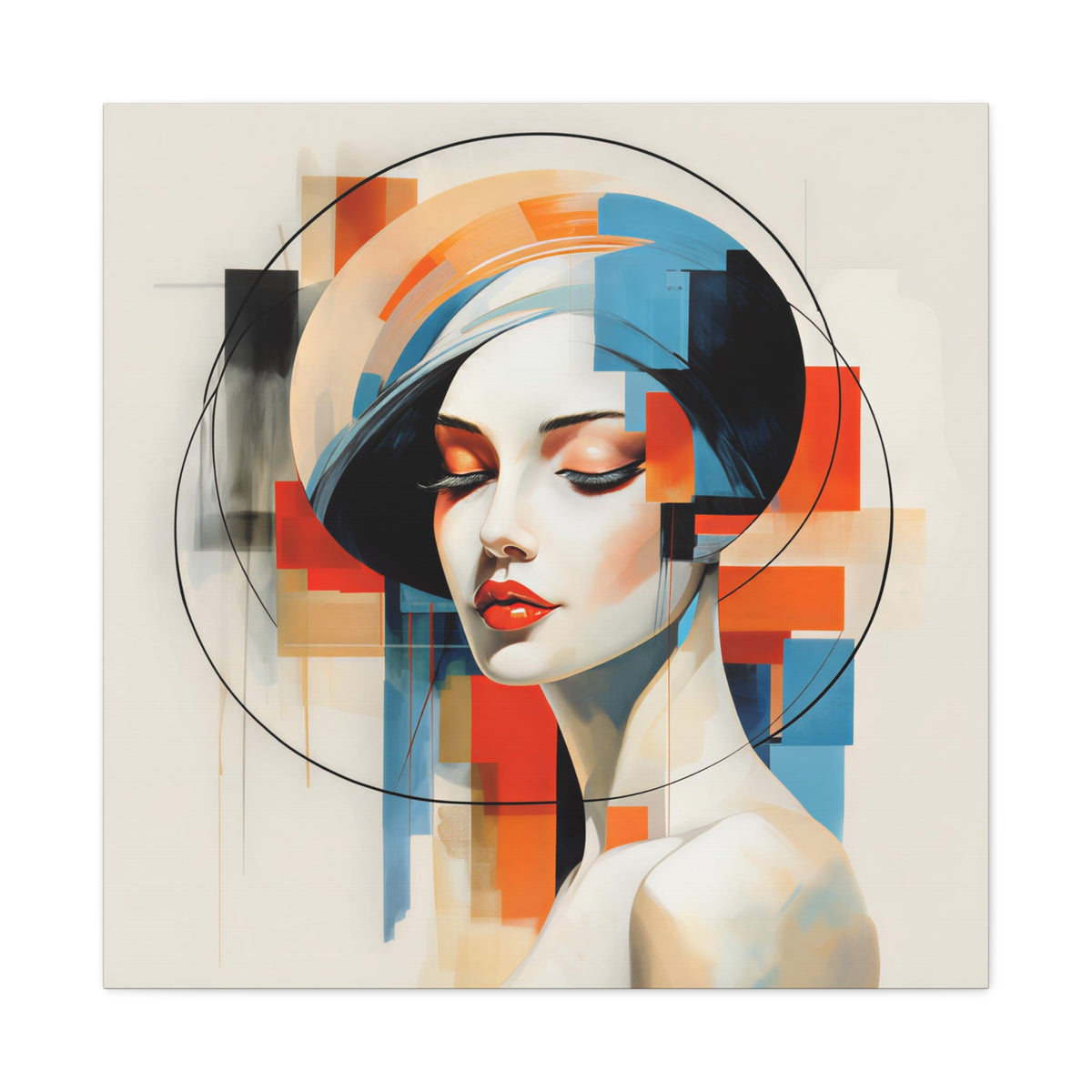 Perfectly Composed — Abstract Geometric Woman Portrait in Orange, Blue & Ivory