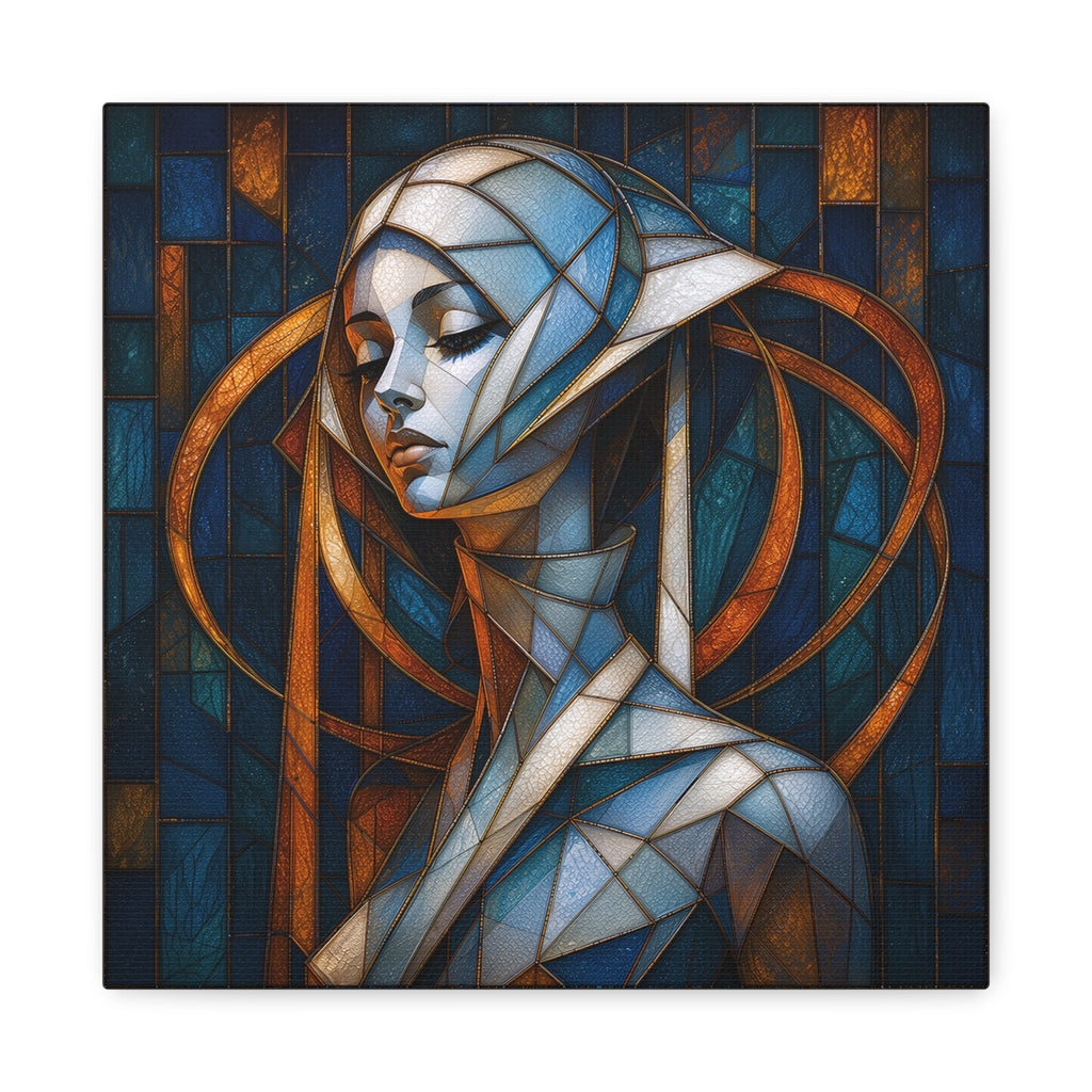 Stained-glass-inspired female portrait in deep blues and teals with ivory face, copper-orange geometric headdress and halo