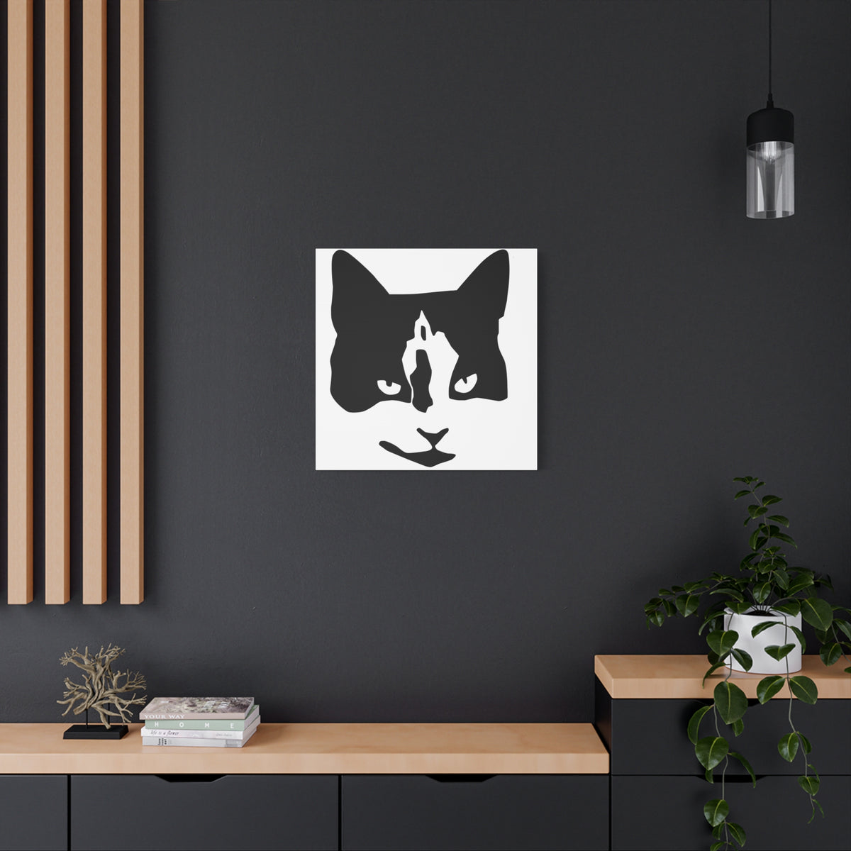 Black Mask – Minimal Black and White Abstract Cat Face Canvas Print