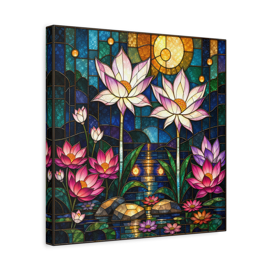 Moonlit Lotus Sanctuary — Stained Glass Floral Garden Wall Art