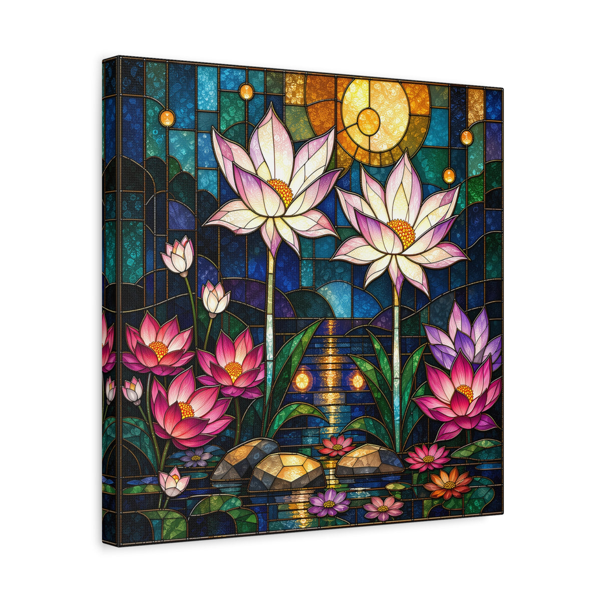 Moonlit Lotus Sanctuary — Stained Glass Floral Garden Wall Art