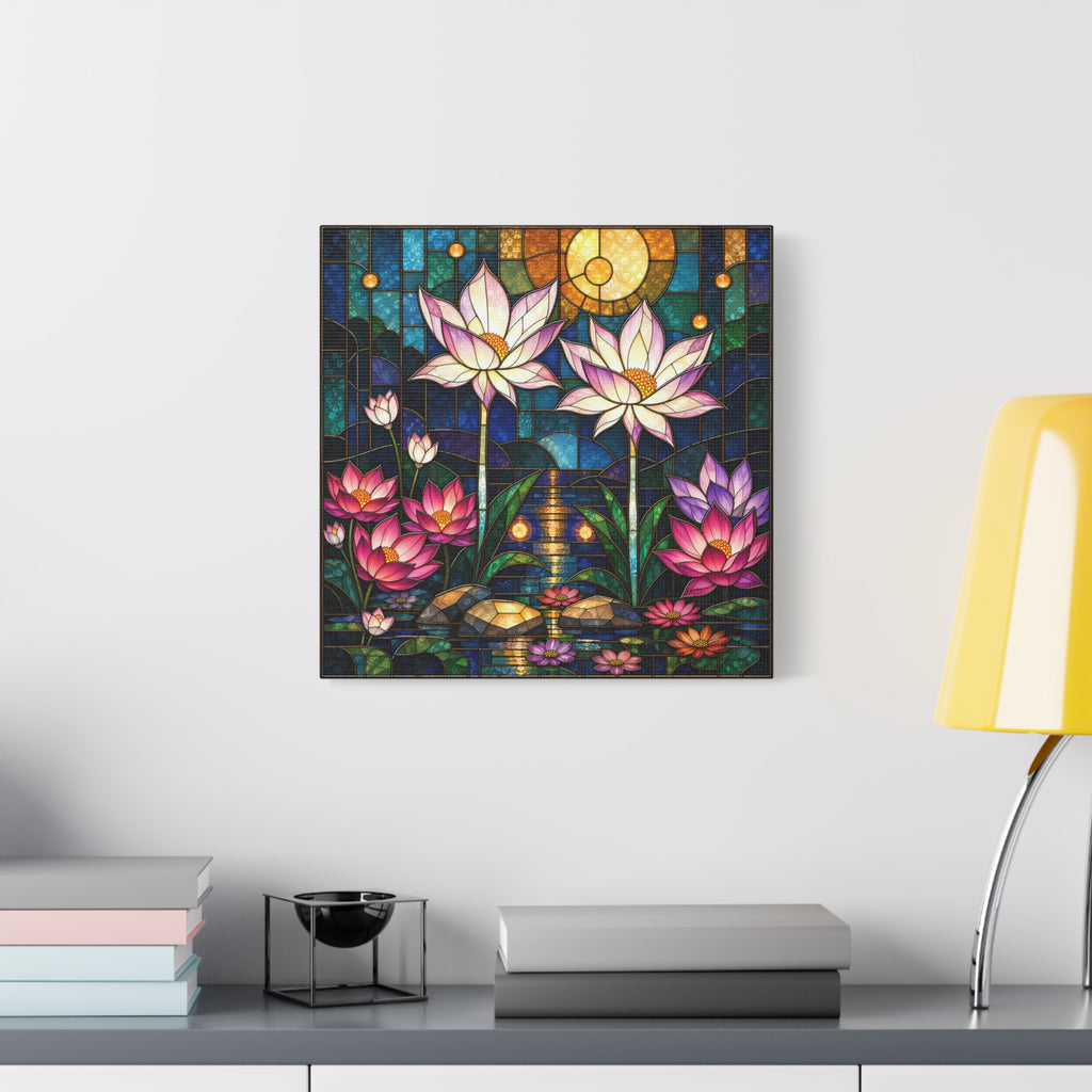 Moonlit Lotus Sanctuary — Stained Glass Floral Garden Wall Art