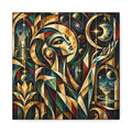 Regal otherworldly figure in gold, teal, cream, rust, and black, surrounded by planets, stars, crescent forms, glowing orbs, and geometric, Art Deco–like portals