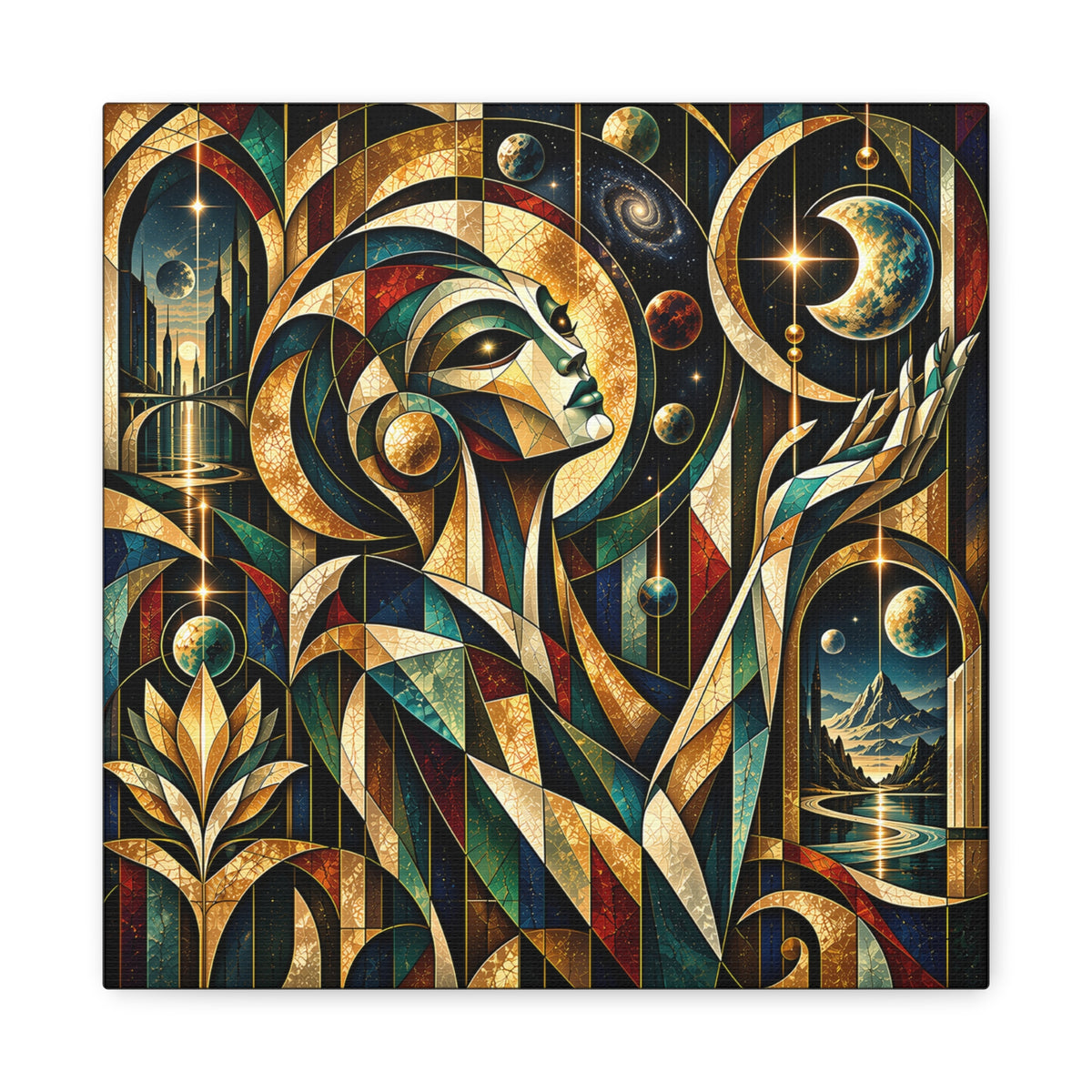 Regal otherworldly figure in gold, teal, cream, rust, and black, surrounded by planets, stars, crescent forms, glowing orbs, and geometric, Art Deco–like portals