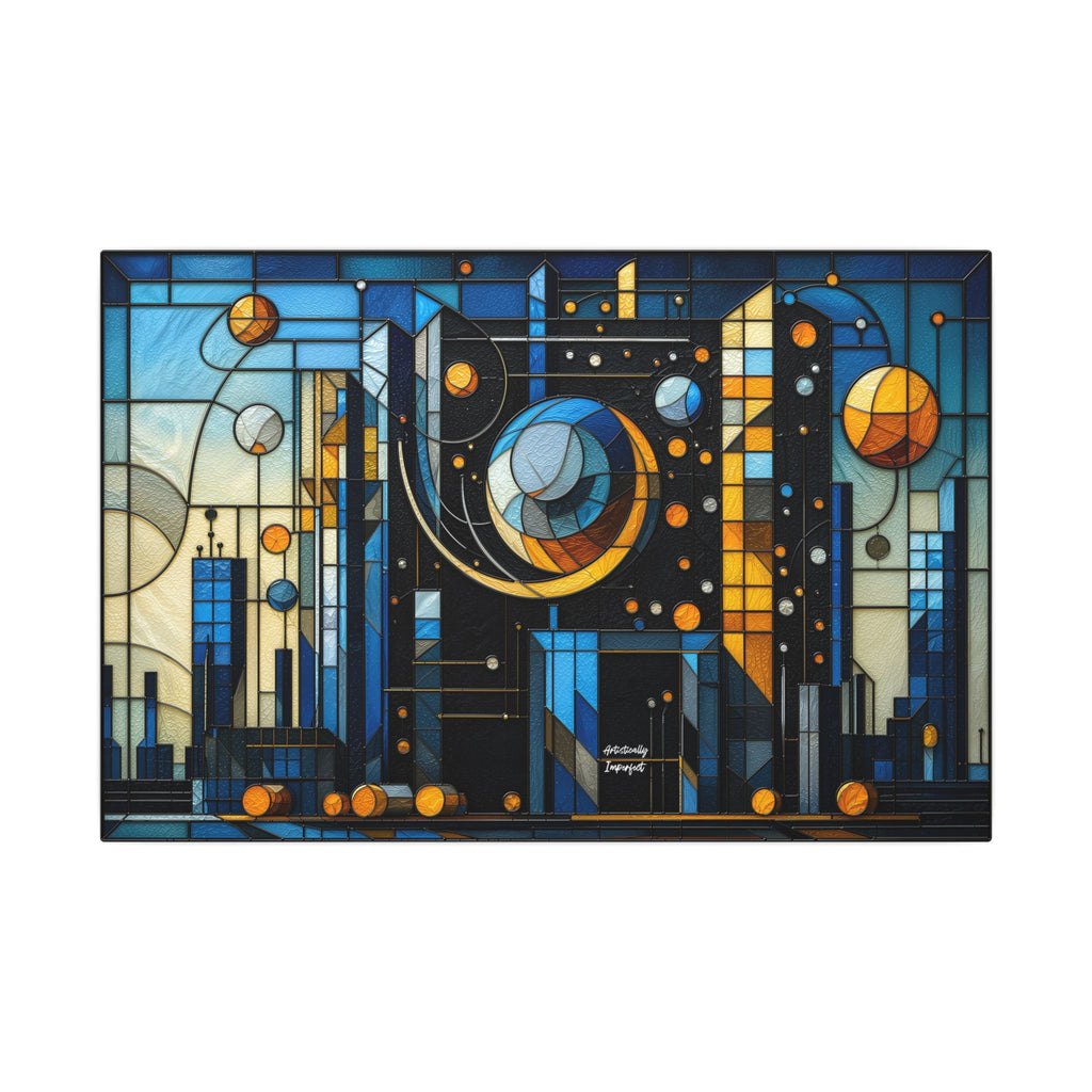 Futurist stained-glass cityscape with tall geometric towers, deep blues, cream, gold and orange, plus suspended circular planets and intersecting arcs