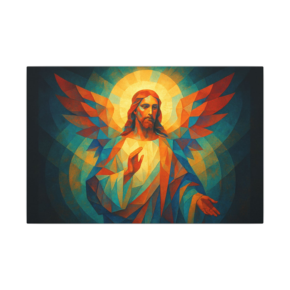 Geometric portrait of Jesus with a radiant golden halo, wing-like angular shapes and teal, amber, orange, and blue planes