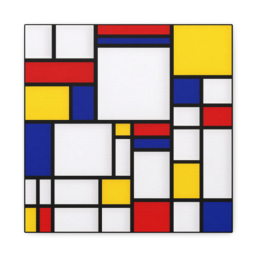 Mondrian-style composition of black grid lines forming rectangles filled with red, blue, yellow and white blocks, edges flush to frame.