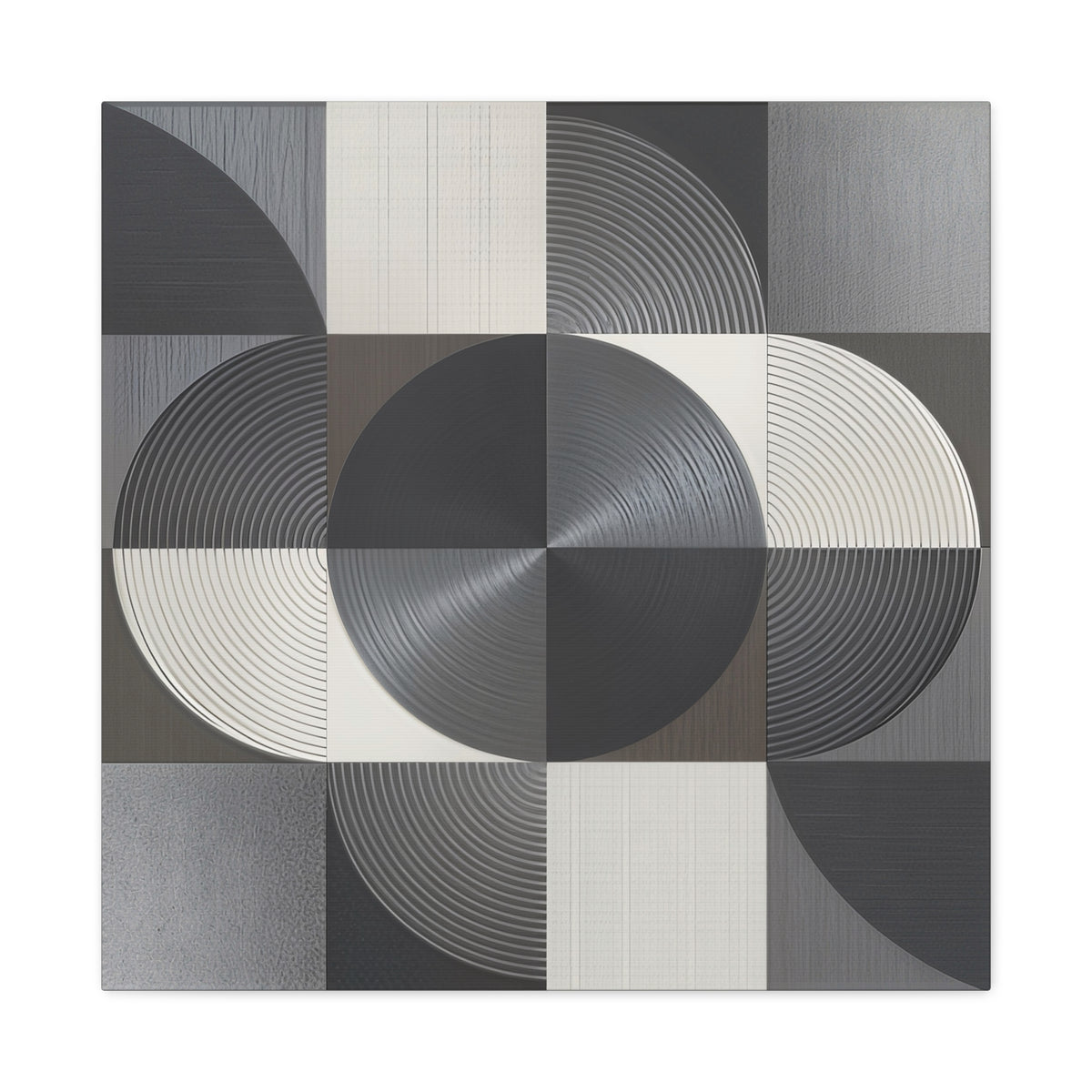 Monochrome geometric composition of layered circles, semicircles and rectangles in black, charcoal, gray, and ivory with subtle concentric linework.