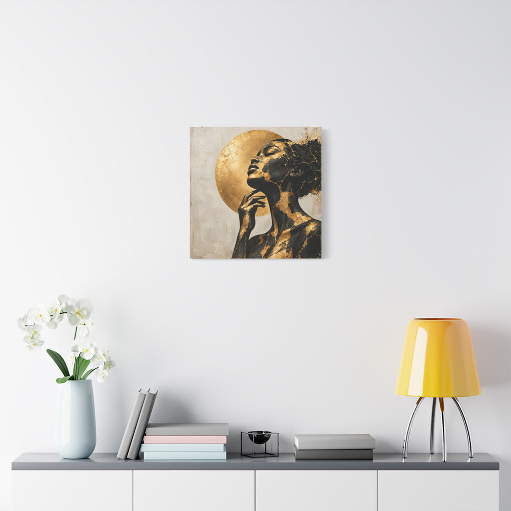 Crowned in Light — Modern Black & Gold Woman Portrait