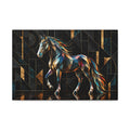Stained-glass–style black and gold horse portrait composed of luminous geometric facets against an Art Deco black and gold backdrop