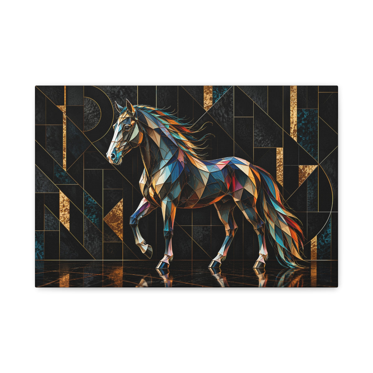 Stained-glass–style black and gold horse portrait composed of luminous geometric facets against an Art Deco black and gold backdrop