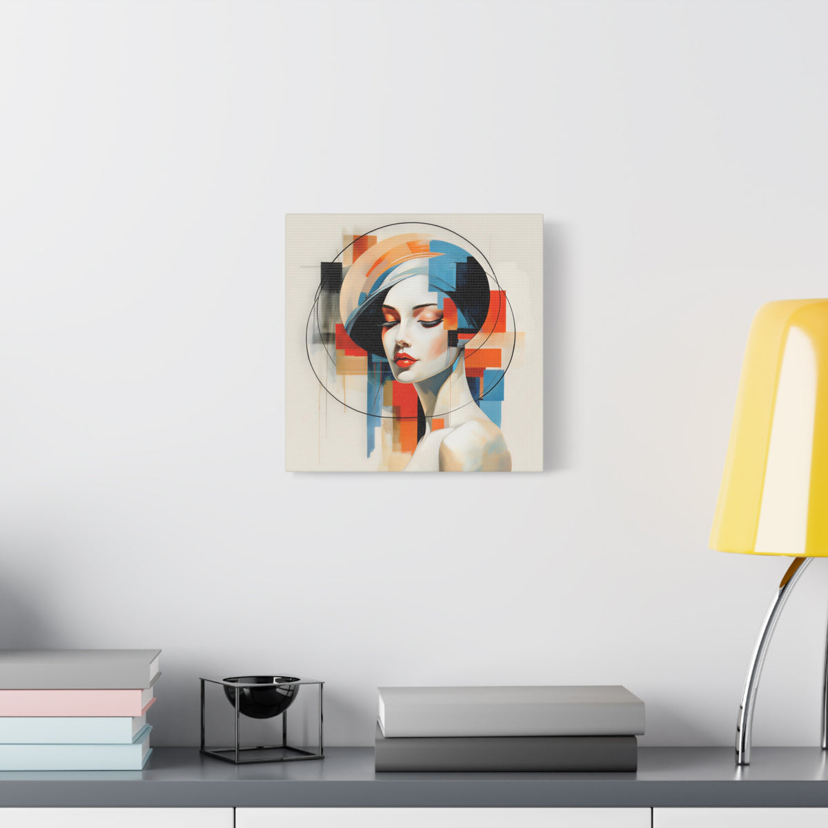 Perfectly Composed — Abstract Geometric Woman Portrait in Orange, Blue & Ivory