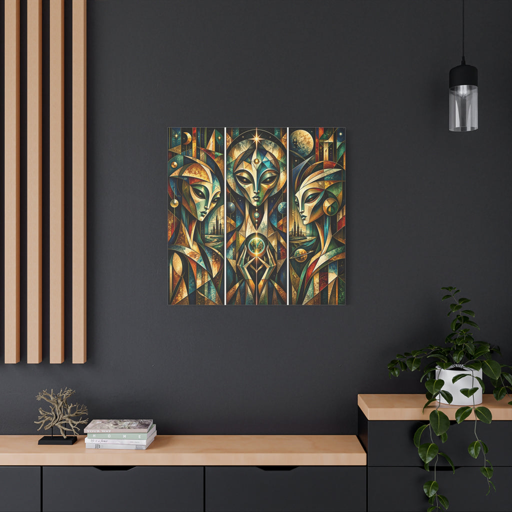 Keepers of the Celestial Gate — Futuristic Geometric Triptych Wall Art