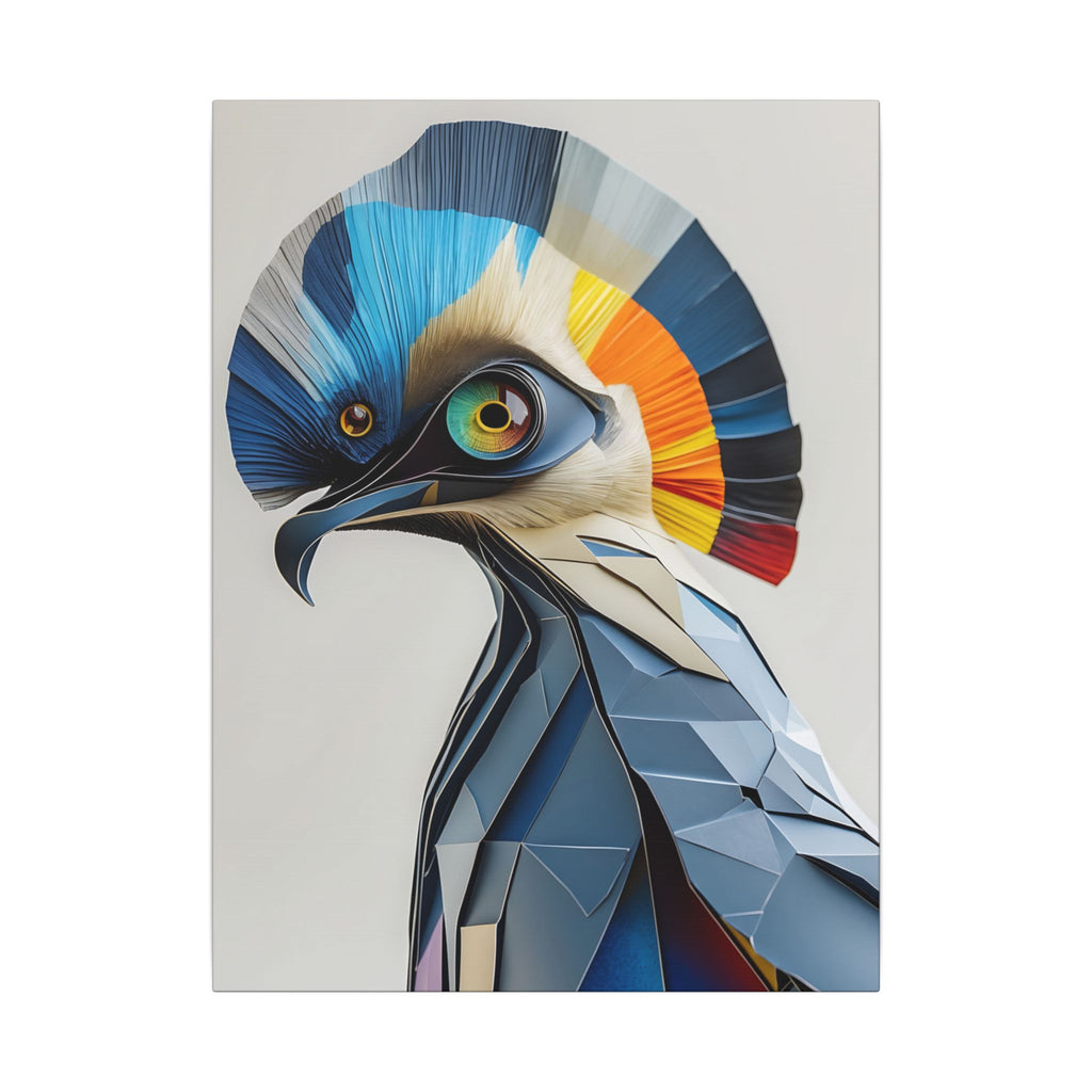 Geometric portrait of a crested bird with a fan-like crest in blue, white, yellow, orange, charcoal and red, faceted neck and body against a soft neutral background