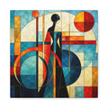 Elongated female silhouette centered amid layered Art Deco circular forms and stained-glass panels in teal, aqua, cream, orange, red, and deep navy.