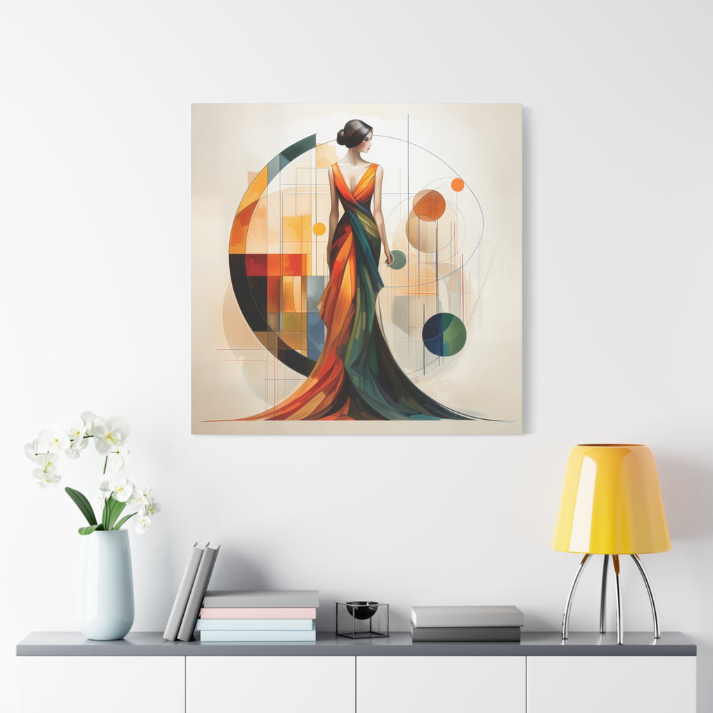 Chromatic Elegance — Abstract Geometric Fashion Portrait in a Flowing Couture Gown