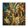 Three elongated, angular figures in emerald, teal, amber and gold arranged like stained-glass panes