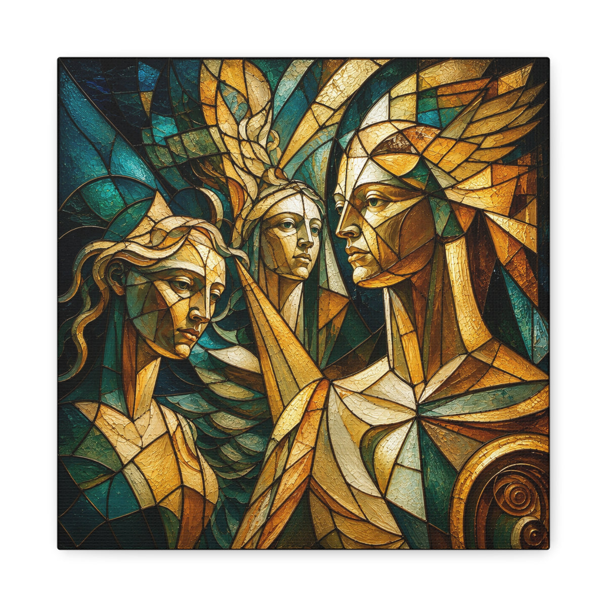 Three elongated, angular figures in emerald, teal, amber and gold arranged like stained-glass panes