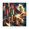 Luminous geometric abstraction with a radiant circular sun framed by intersecting navy, crimson, turquoise, gold, ivory, and black planes