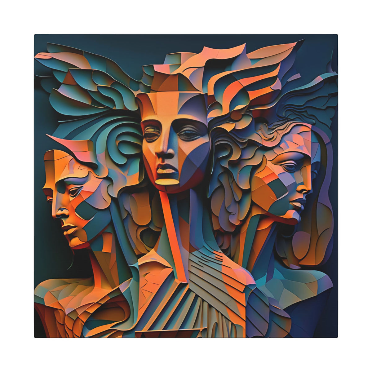 The Three Voices – Sculptural Geometric Triple Portrait Canvas Print