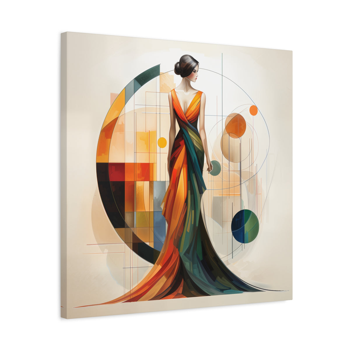 Chromatic Elegance — Abstract Geometric Fashion Portrait in a Flowing Couture Gown