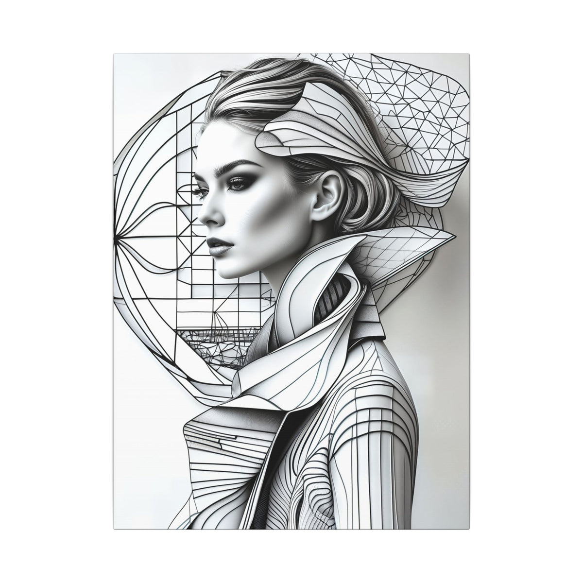 Monochrome futurist female portrait with a realistic face framed by sweeping geometric curves, architectural linework, and layered linear forms
