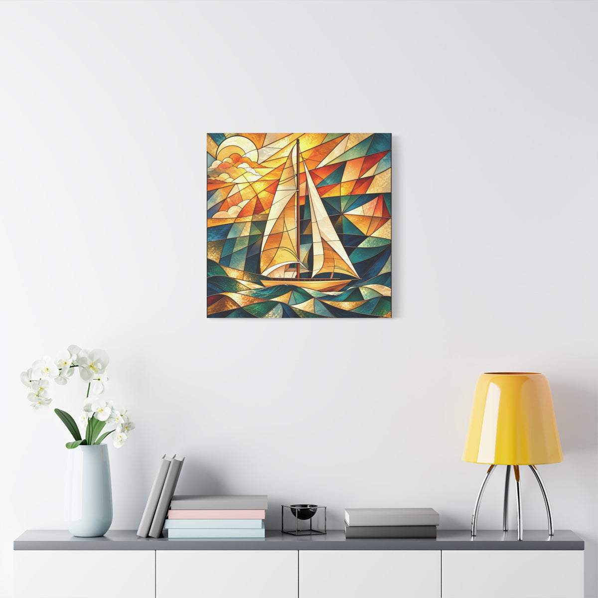 Golden Passage — Stained Glass Sailboat Fine Art Print