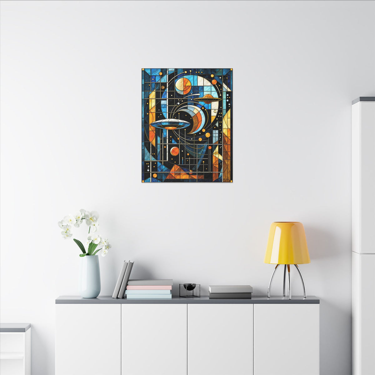Visitors in Orbit – Retro Futurist Stained-Glass UFO Geometric Canvas Print