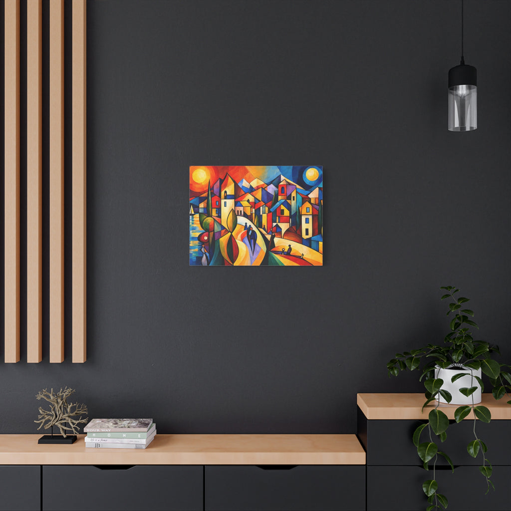 Village Between Sun & Moon — Colorful Cubist Coastal Landscape