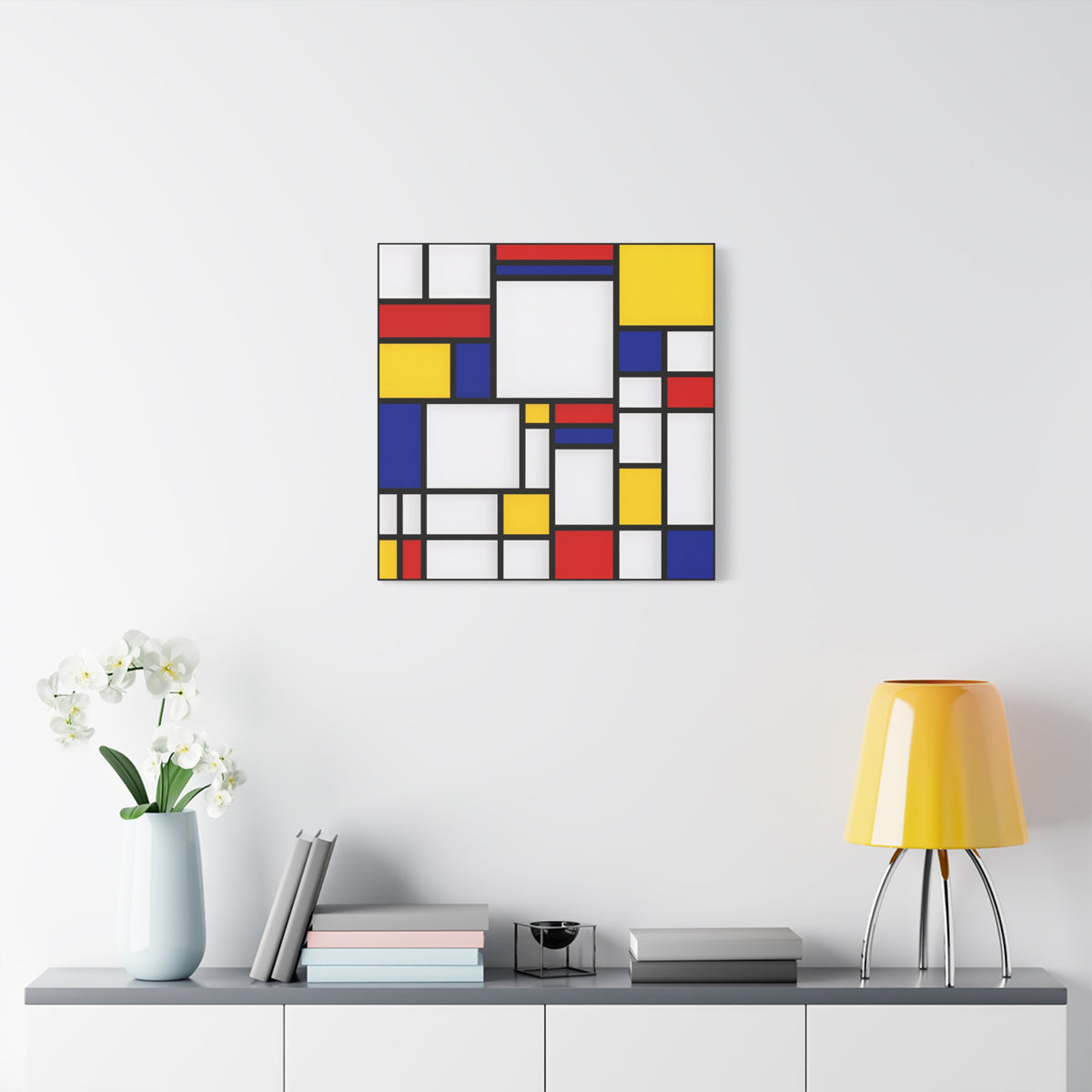 Abstract Geometric Canvas Art – Red, Blue & Yellow Stretched Print