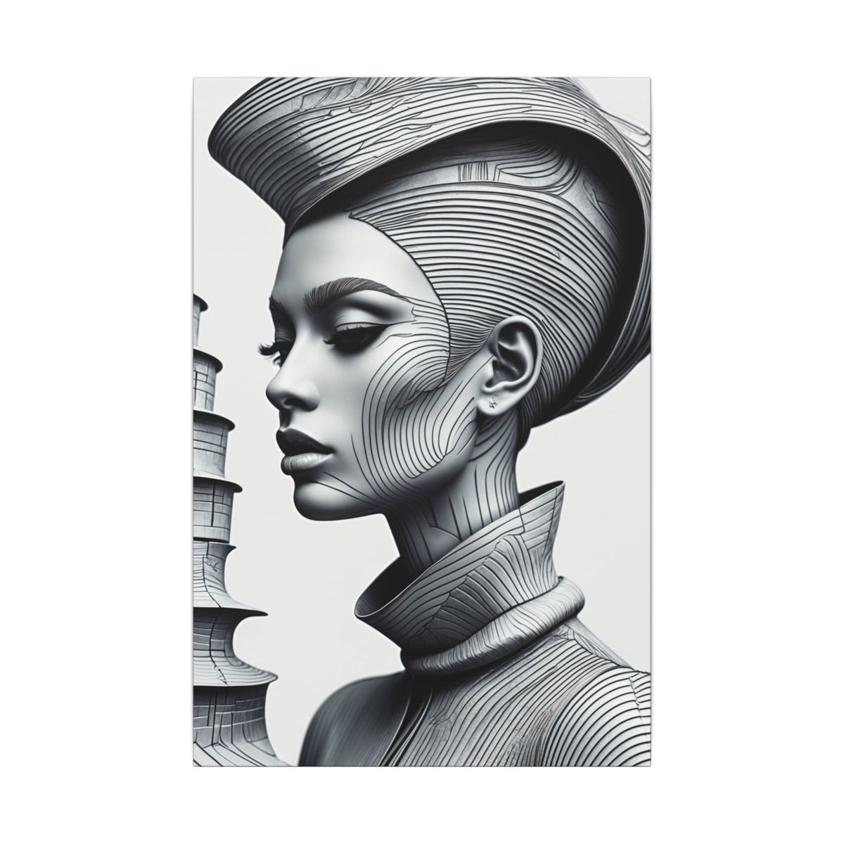 Contour of Silence – Monochrome Futurist Portrait Canvas Print