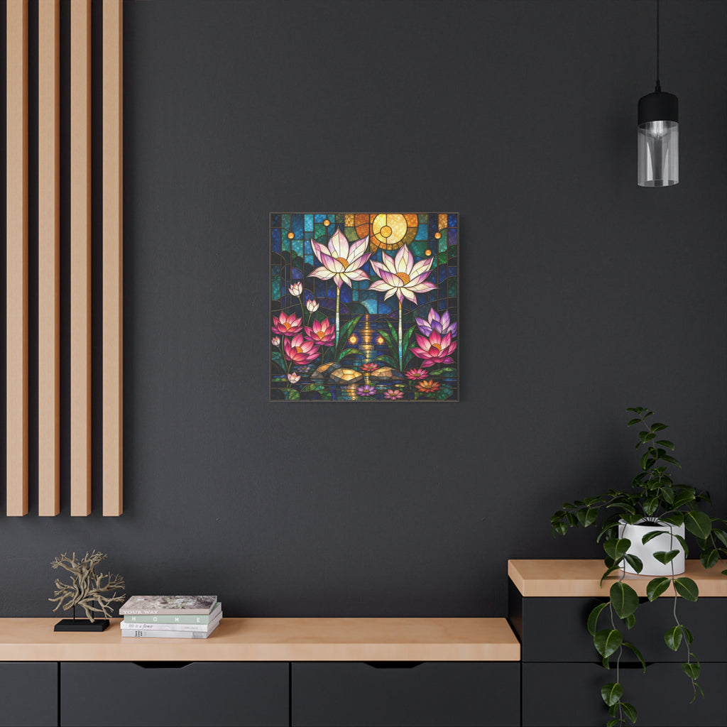 Moonlit Lotus Sanctuary — Stained Glass Floral Garden Wall Art