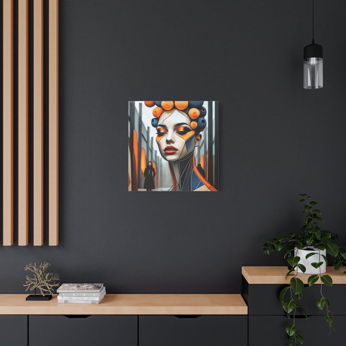 Future Icon — Futuristic Geometric Woman Portrait in Orange & Midnight Blue