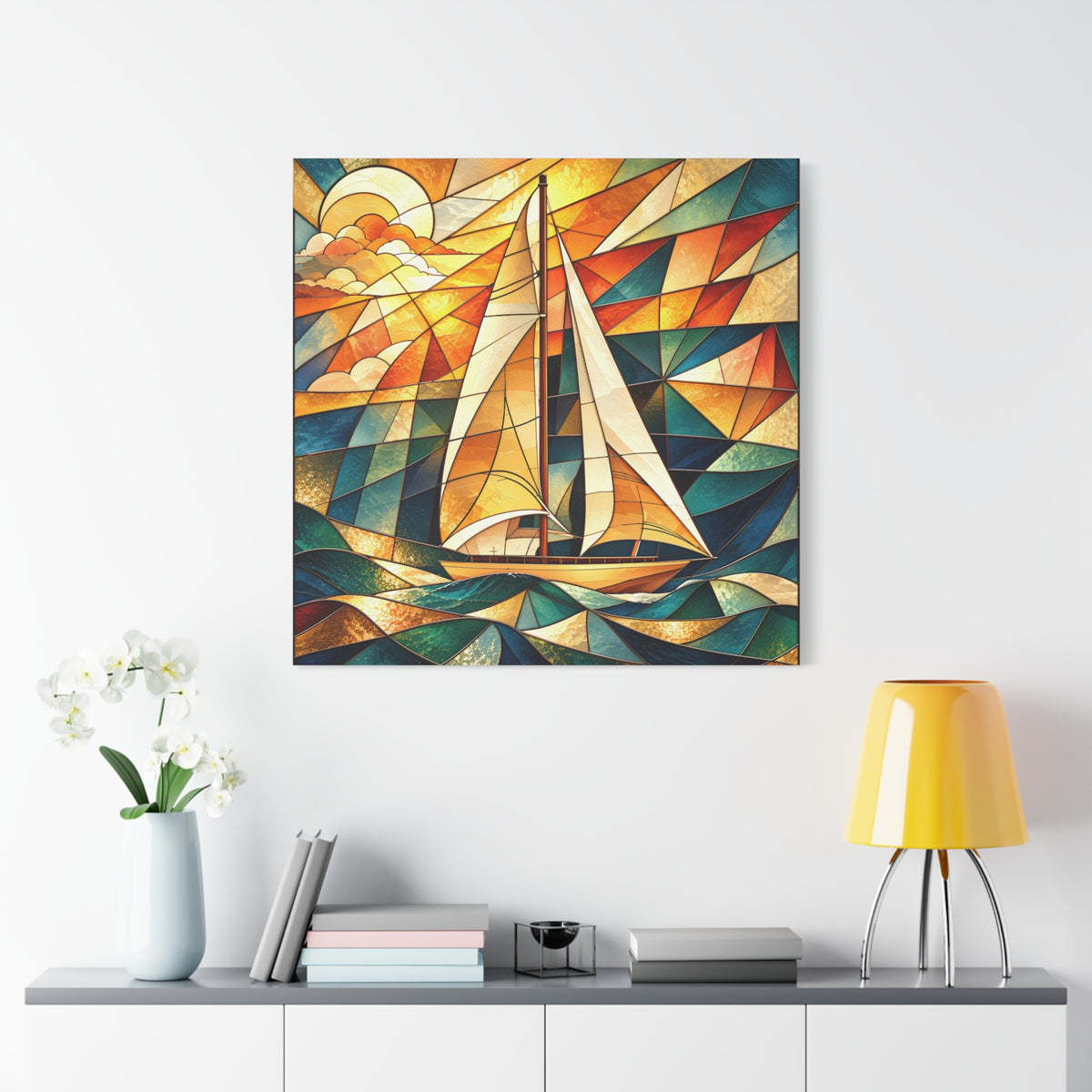 Golden Passage — Stained Glass Sailboat Fine Art Print
