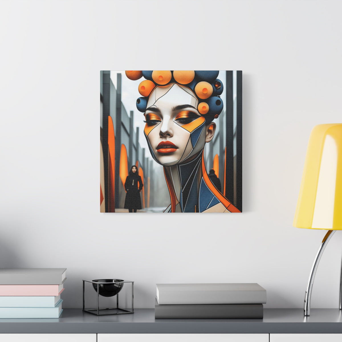 Future Icon — Futuristic Geometric Woman Portrait in Orange & Midnight Blue