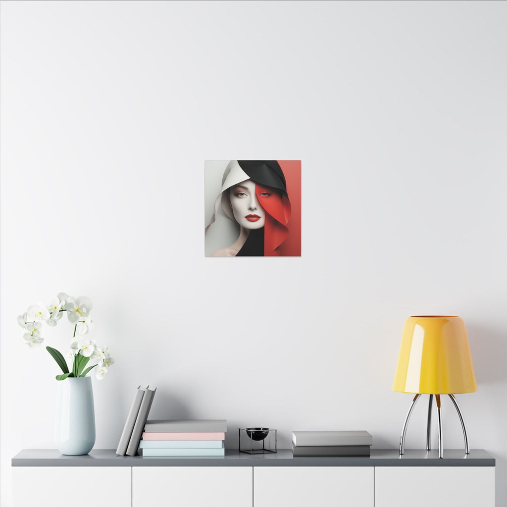 Split Poise – Modern Red Black Female Portrait Canvas Print