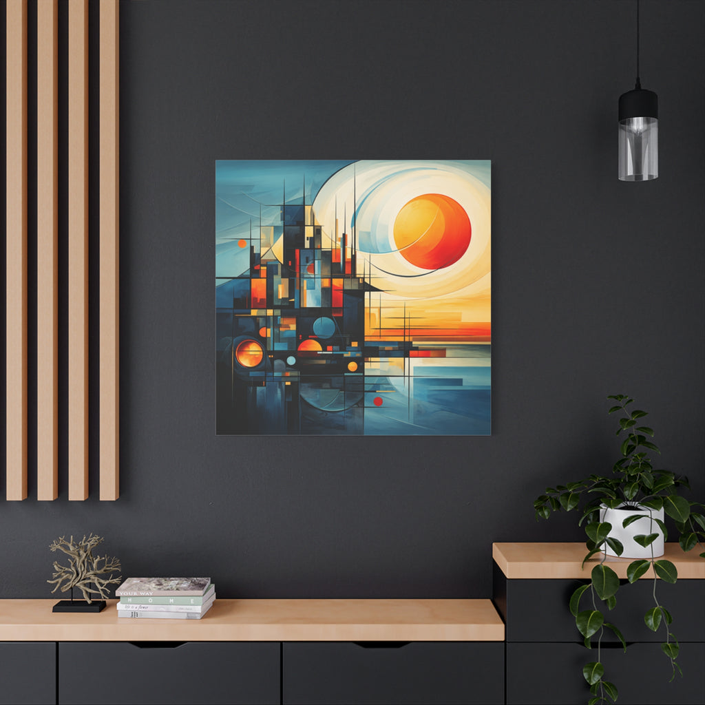 Sun Beyond Structure – Geometric Abstract Sunrise Canvas Print