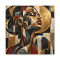 Cubist female portrait formed from interlocking angular planes in gold, black, cream, rust, bronze, and muted blue-gray