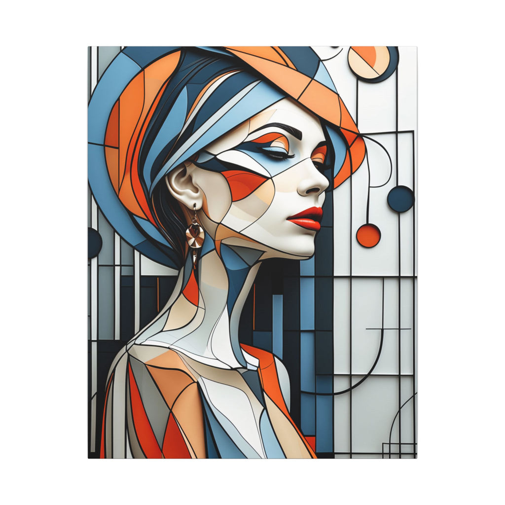 Serene long‑profile female portrait framed by sweeping blue, orange, cream and gray circular forms with a precise geometric grid background.