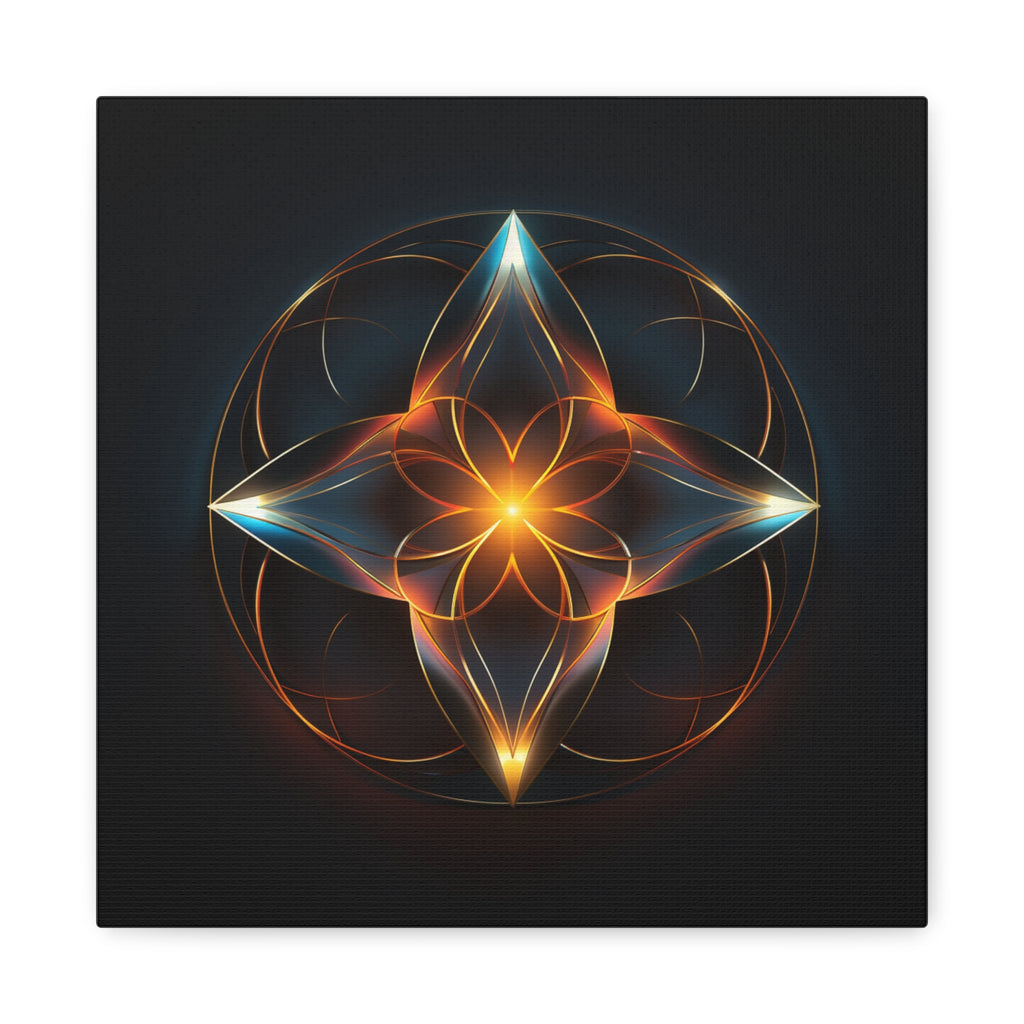 Glowing amber center radiates a symmetrical four-point geometric form with gold, teal and electric blue arcs on a deep near-black field.
