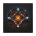 Glowing amber center radiates a symmetrical four-point geometric form with gold, teal and electric blue arcs on a deep near-black field.