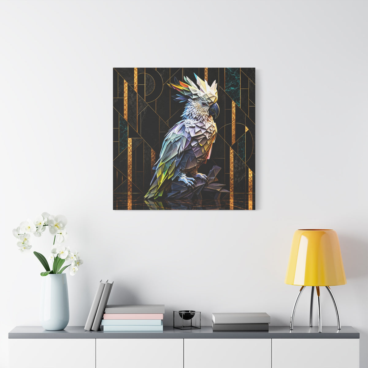 Geometric Cockatoo Canvas Wall Art – Colorful Parrot Matte Stretched Print