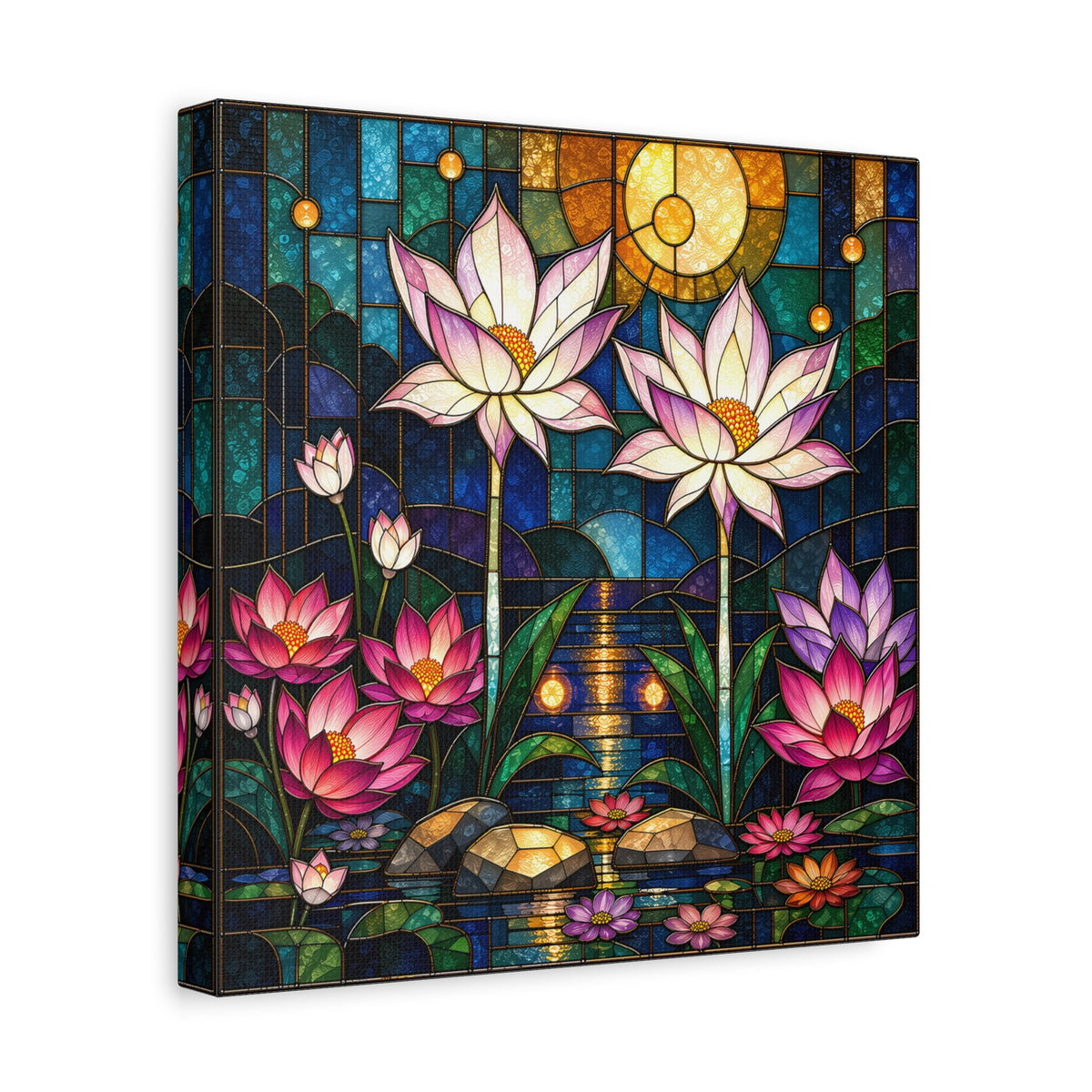 Moonlit Lotus Sanctuary — Stained Glass Floral Garden Wall Art