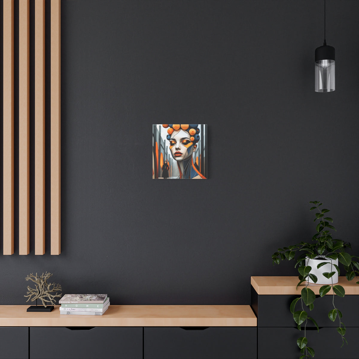 Future Icon — Futuristic Geometric Woman Portrait in Orange & Midnight Blue