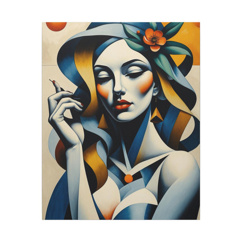 Stylized female portrait in geometric shapes of deep blue, cream, amber, black and orange, closed eyes, hand near face and small floral accent in hair.
