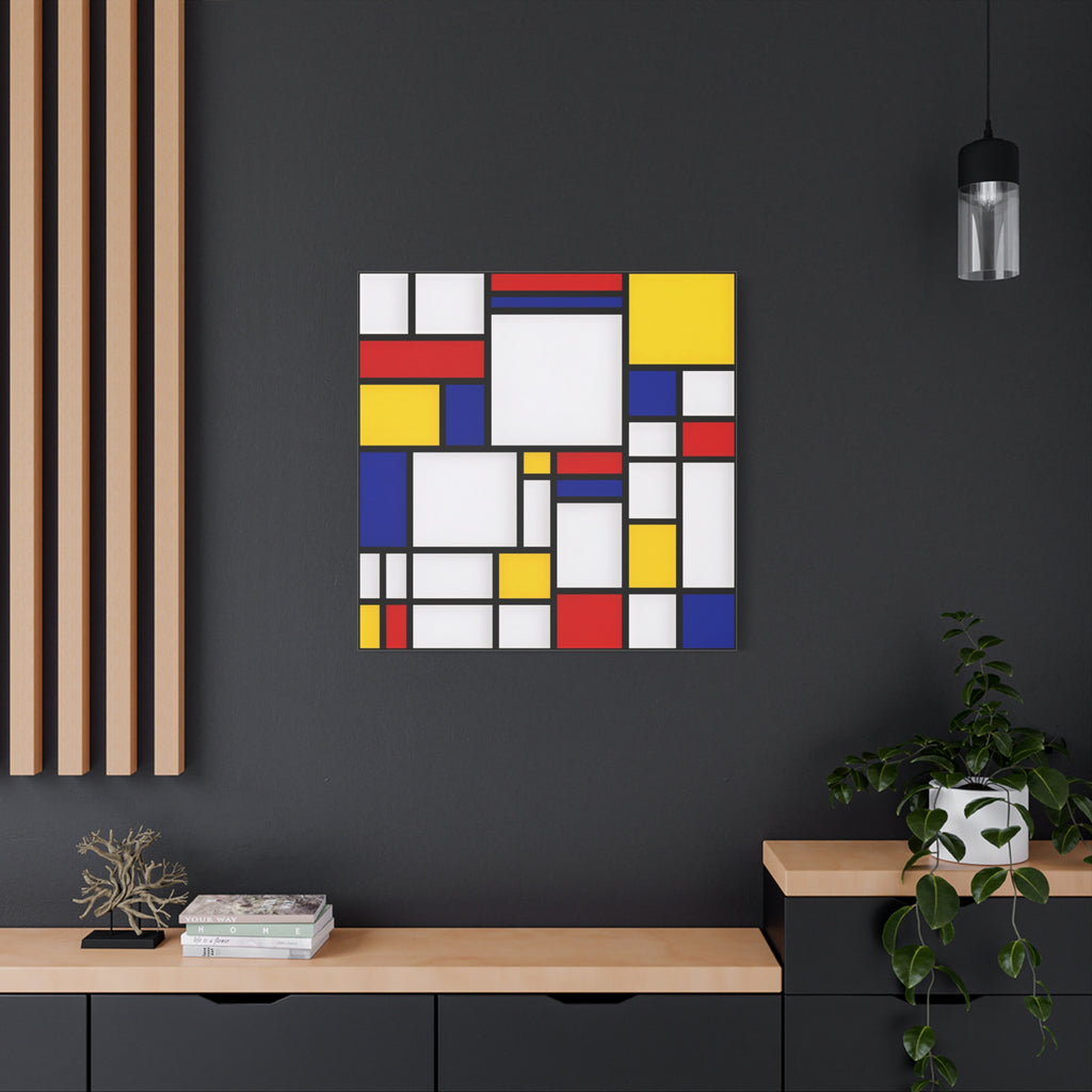 Abstract Geometric Canvas Art – Red, Blue & Yellow Stretched Print