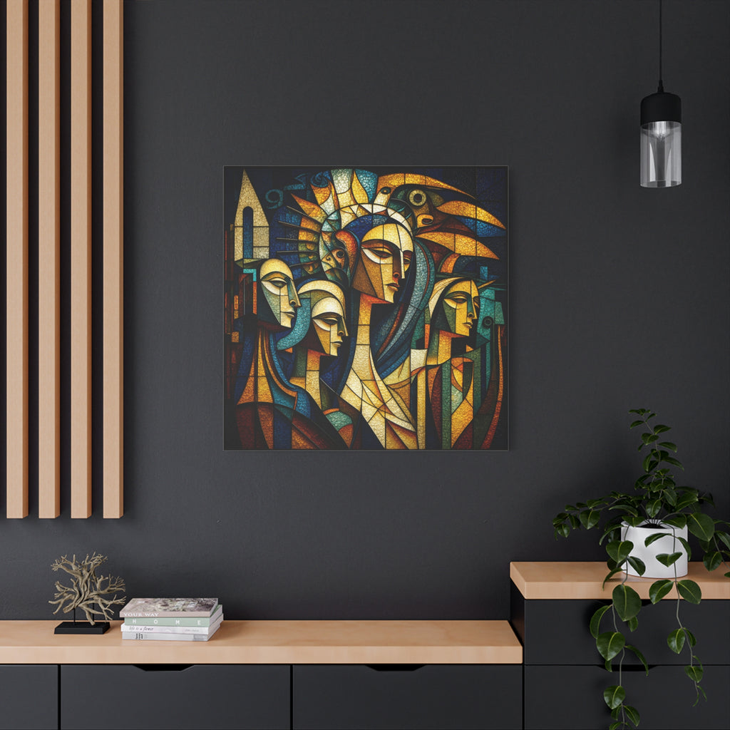 Crowned Voices — Cubist Collective Portrait in Teal, Gold & Burnt Orange