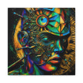 Surreal abstract portrait with sculpted facial planes, crown-like motifs and circular symbols in teal, cobalt, emerald, gold, orange, magenta and black.