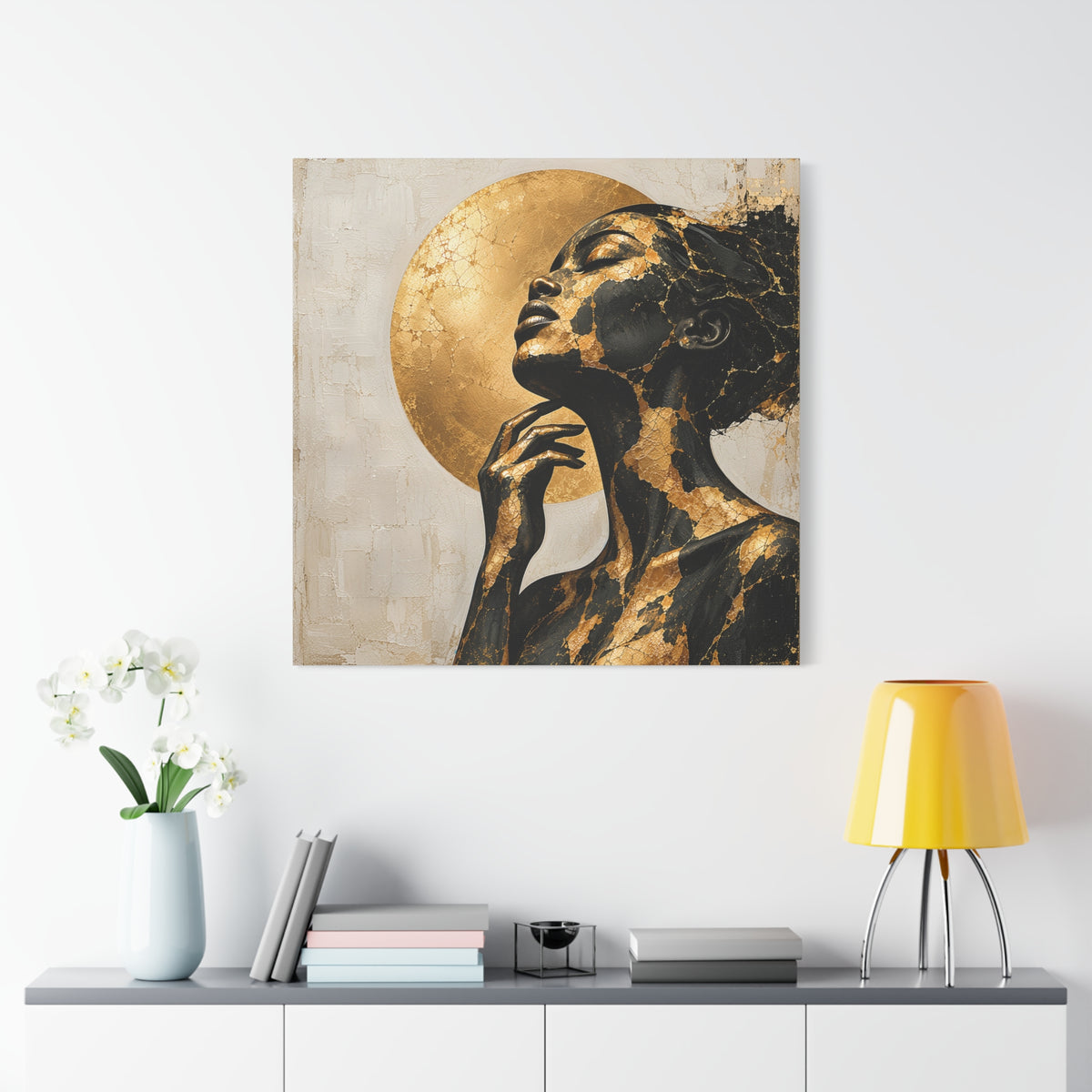 Crowned in Light — Modern Black & Gold Woman Portrait