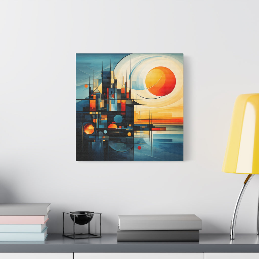 Sun Beyond Structure – Geometric Abstract Sunrise Canvas Print